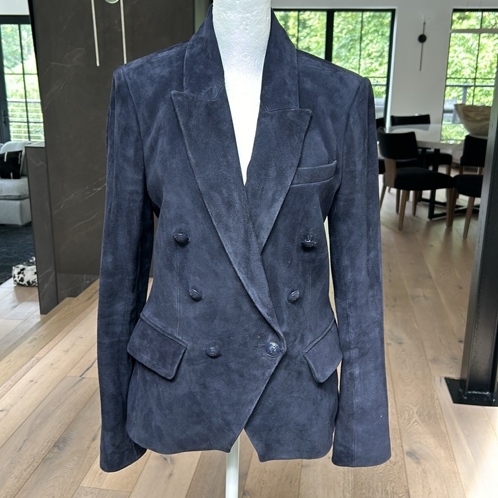 L'AGENCE Kenzie Double Breasted Suede Blazer In Midnight
